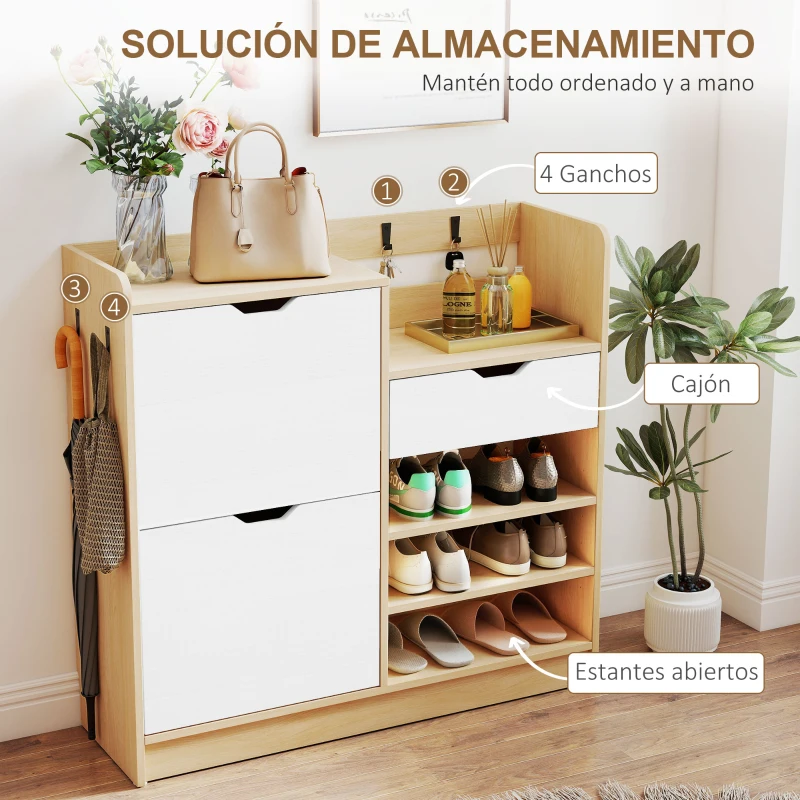 HOMCOM Zapatero Entrada Recibidor con Cajón Estantes Abiertos 4 Ganchos para 14 Pares de Zapatos Natural y Blanco