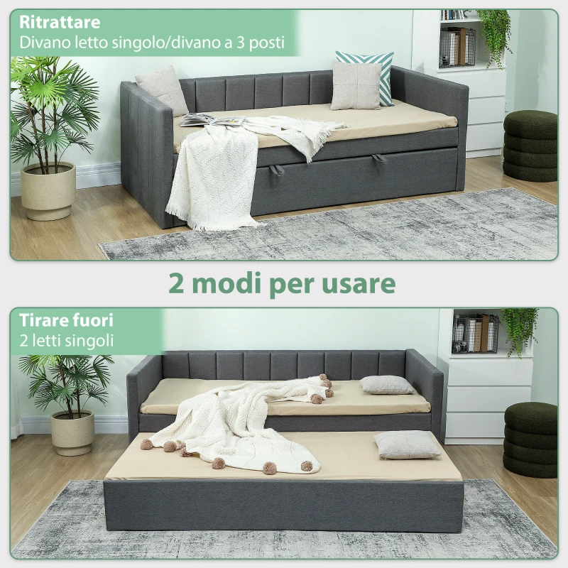 HOMCOM Letto Singolo con Secondo Letto Estraibile, Rivestimento in Tessuto e Braccioli, 205x181x70 cm, Grigio Scuro