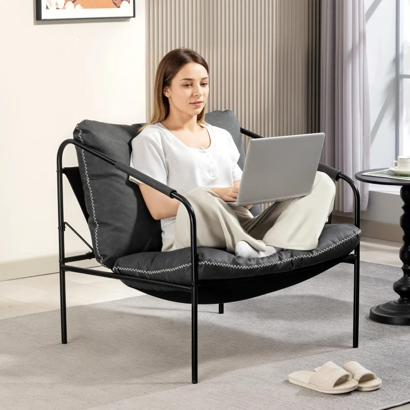 HOMCOM Butaca de Salón Moderna Sillón de Lectura Tapizado en Cuero Sintético Fundas de Cojines Extraíbles Gris Carbón