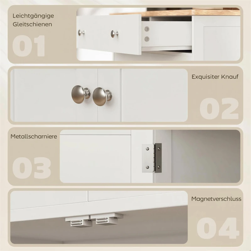 HOMCOM Sideboard, Tischplatte aus Kautschukholz, 2 Schubladen, versetzbarer Einlegeboden, weiß, 68 x 40,3 x 85cm