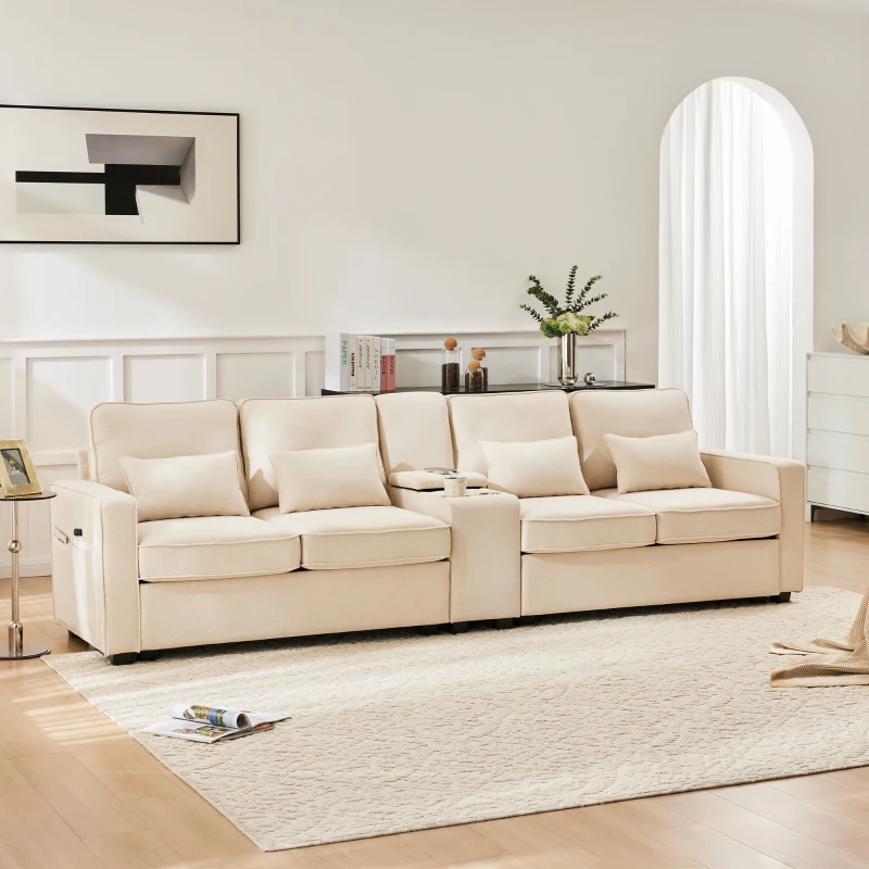 Canapé 4 places moderne en tissu de lin, avec console, 2 porte-gobelets, 2 ports USB, 290x83x88 cm, Beige