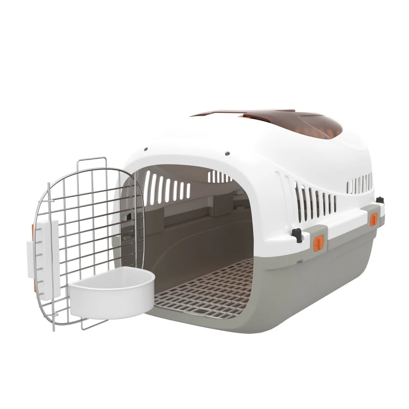 PawHut Plastic Pet Carrier Hard Shell Dog Cat Carrier Max 4 KG Steel Door Feed Bowl Secure Lock 49 x 32 x 31 cm