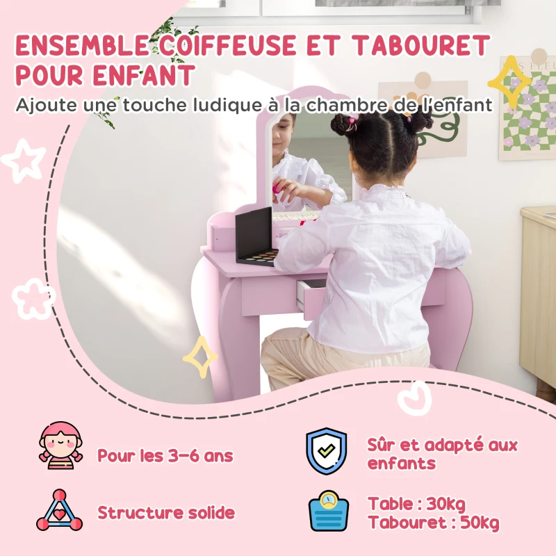 ZONEKIZ Coiffeuse pour enfant avec tabouret et miroir, table de maquillage avec tiroir et 2 compartiments, 55x36x86cm, rose