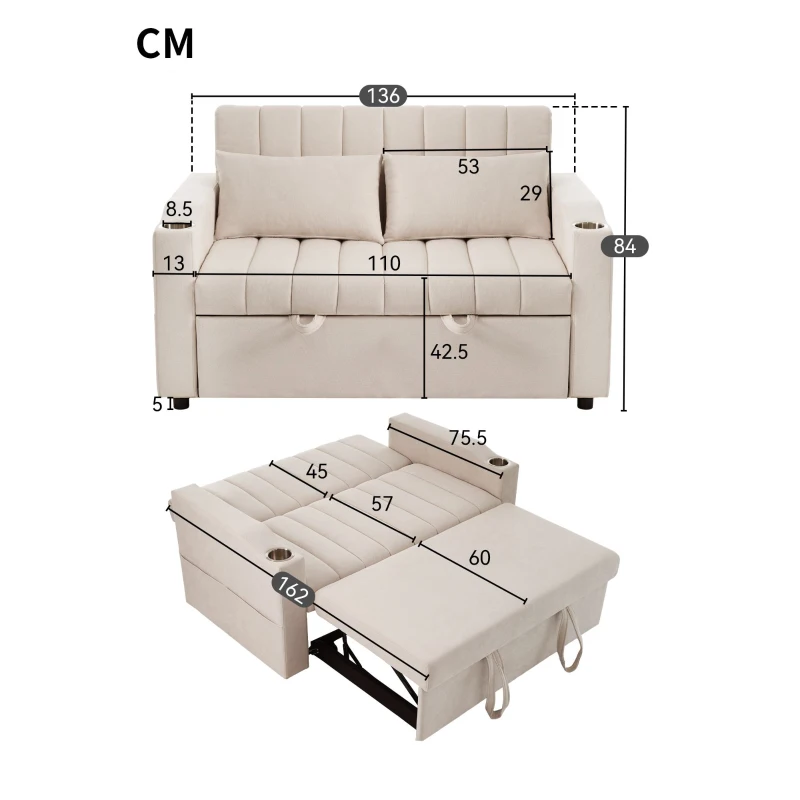 Canapé-lit multifonction moderne avec dossier réglable, porte-gobelet et coussin, 136x162x84 cm, Beige