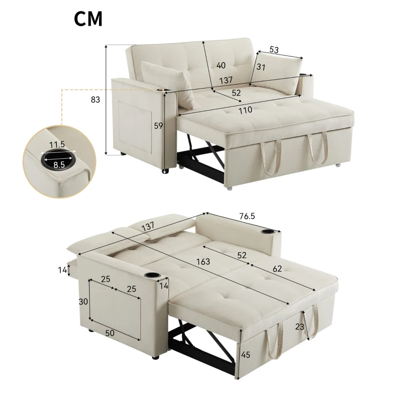 Canapé-lit pliant, canapé multifonction avec fonction couchage, avec porte-gobelet et coussin, 137x76,5x83 cm, Beige