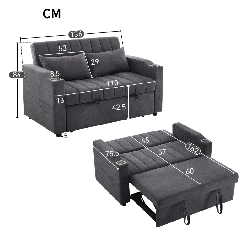 Canapé-lit multifonction moderne avec dossier réglable, porte-gobelet et coussin, 136x162x84 cm, Gris