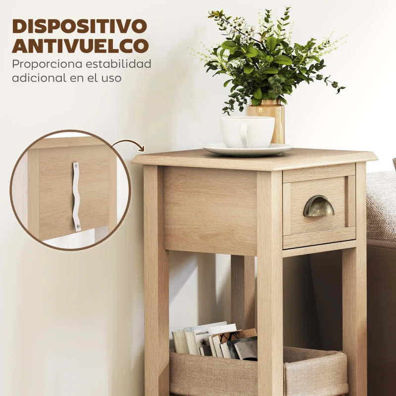 HOMCOM Mesa Auxiliar Rústica Mesa Auxiliar para Sofá con Cajón y Estante para Salón Dormitorio 30x30x75 cm Madera Natural