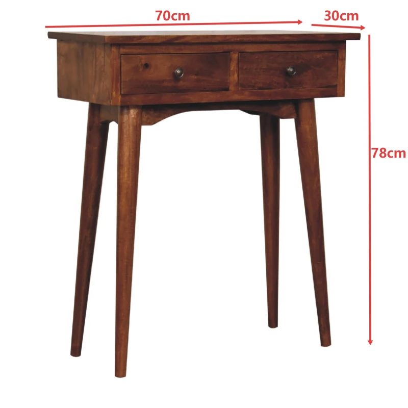 Solid Mango Wood Mini Hallway Console Table with 2 Drawers, Scandi Legs, Handcrafted Desk with Circular Design, 30L x 70W x 78H cm, Brown