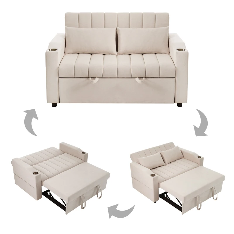 Canapé-lit multifonction moderne avec dossier réglable, porte-gobelet et coussin, 136x162x84 cm, Beige