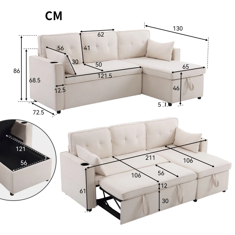 Canapé-lit avec fonction de couchage, canapé en L avec rangement et porte-gobelets, 211x130x86 cm, Beige