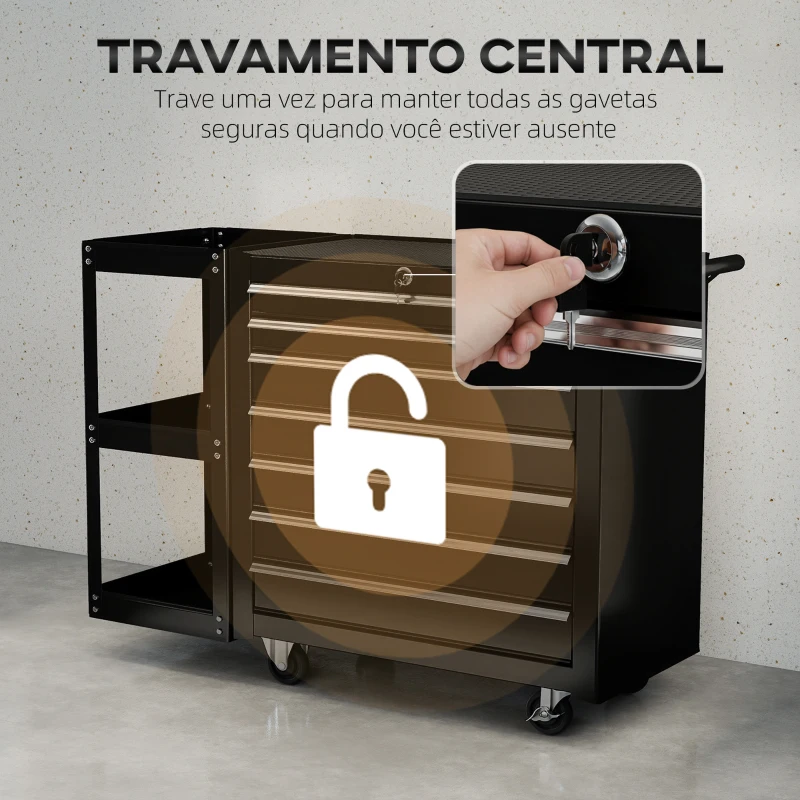 HOMCOM Carrinho de Ferramentas com 7 Gavetas Estante de 3 Níveis Removível Sistema de Fecho Central Asa 2 Rodas com Travão Preto