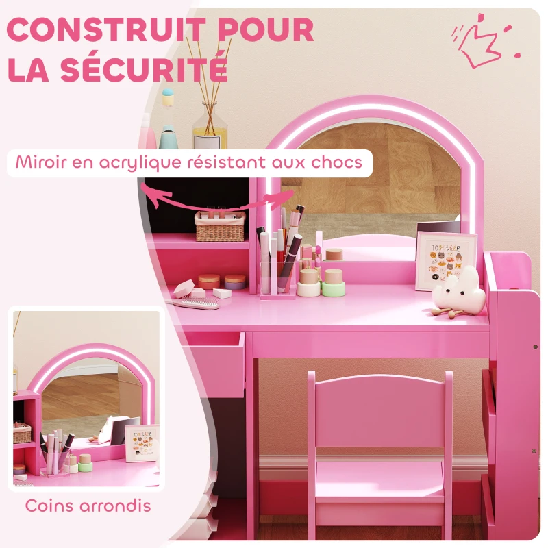 AIYAPLAY Coiffeuse pour enfants avec tabouret et miroir LED, table de maquillage pour 3 à 8 ans, 88,6 x 38,8 x 96,9 cm, rose