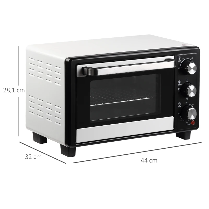HOMCOM Horno Portátil 16L 1400W con 3 Modos de Calor Temporizador Bandeja de Horneado y Rejilla 44x32x28,1 cm Blanco y Negro