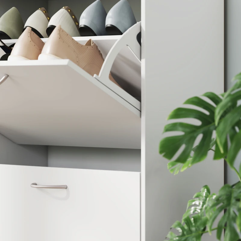 HOMCOM Armoire à Chaussures Meuble à Chaussures Grande Taille dim. 120L x 24l x 81H cm 4 Portes abattantes Double Niveau en Bois Blanc