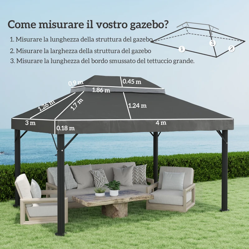 Outsunny Copertura per Gazebo da Giardino 3x4 m a 2 Livelli in Tessuto Oxford 600D con Fori di Drenaggio, Grigio Scuro