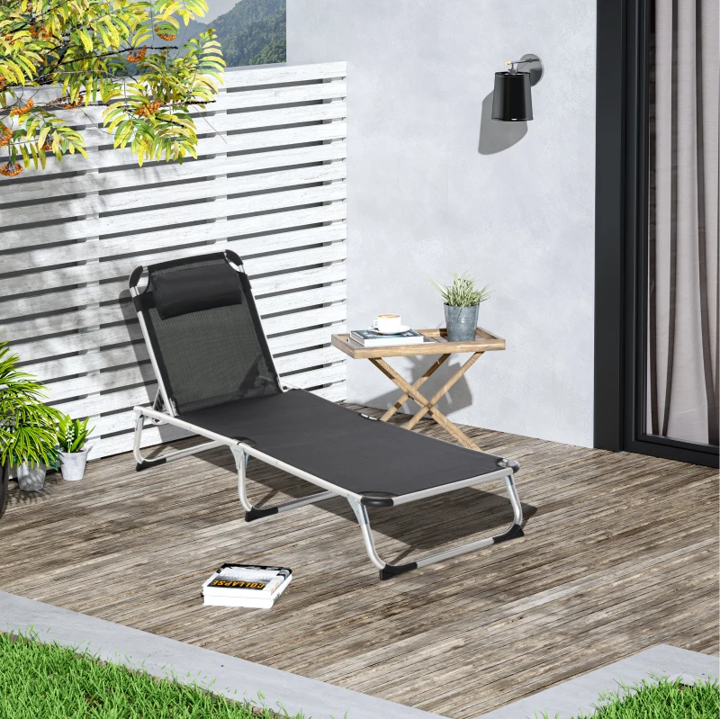 Outsunny Bain de soleil chaise longue pliante avec appuie-tête, transat inclinable en aluminium et textilène, transat jardin extérieur pour plage relax camping piscine terrasse, 165x60x76cm, noir