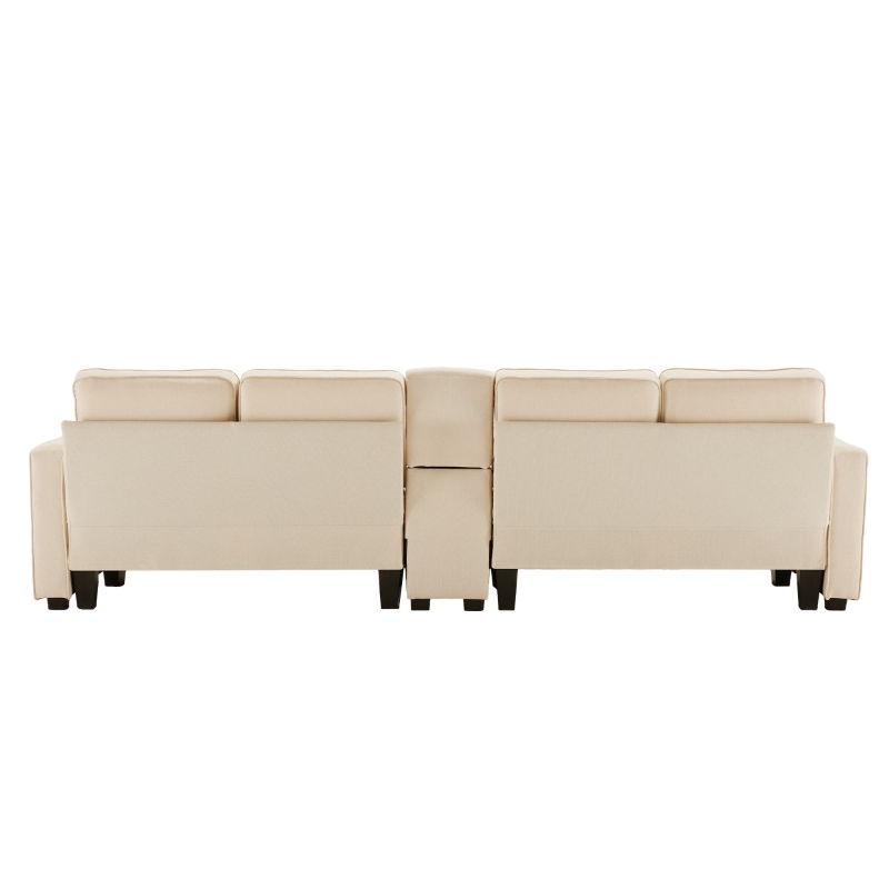 Canapé 4 places moderne en tissu de lin, avec console, 2 porte-gobelets, 2 ports USB, 290x83x88 cm, Beige