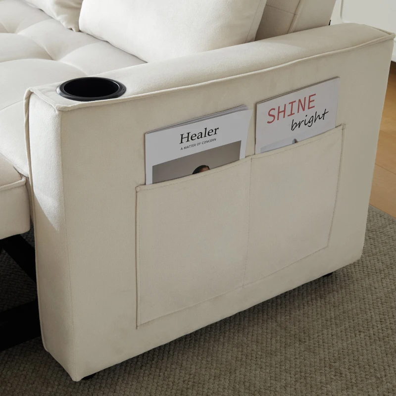 Canapé-lit pliant, canapé multifonction avec fonction couchage, avec porte-gobelet et coussin, 137x76,5x83 cm, Beige
