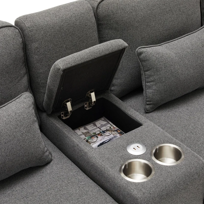 Canapé 4 places moderne en tissu de lin, avec console, 2 porte-gobelets, 2 ports USB, 290x83x88 cm, Gris foncé
