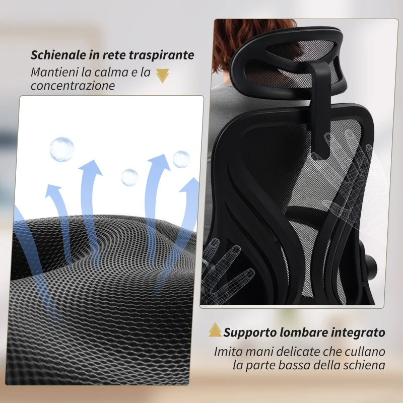 HOMCOM Sedia da Ufficio Ergonomica con Braccioli Ribaltabili, Supporto Lombare e Poggiatesta Regolabile, Nero