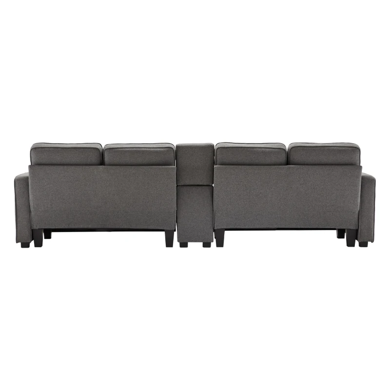 Canapé 4 places moderne en tissu de lin, avec console, 2 porte-gobelets, 2 ports USB, 290x83x88 cm, Gris foncé