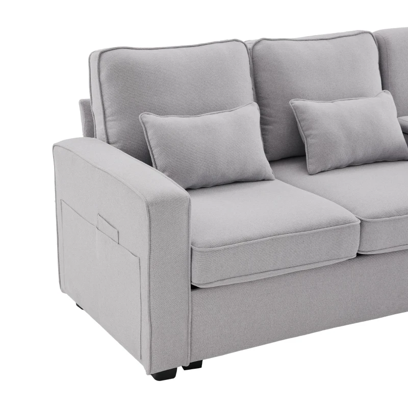 Canapé 4 places moderne en tissu de lin, avec console, 2 porte-gobelets, 2 ports USB, 290x83x88 cm, Gris