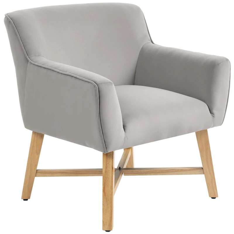 HOMCOM Butaca de Salón Tapizada en Terciopelo con Reposabrazos Acolchados y Patas de Madera Cruzadas 67x65x74 cm Gris Claro