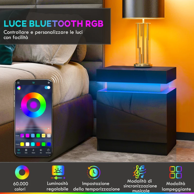 HOMCOM Comodino LED a 16 Colori e 4 Modalità con 2 Cassetti, in Legno, 45x35x52 cm, Nero