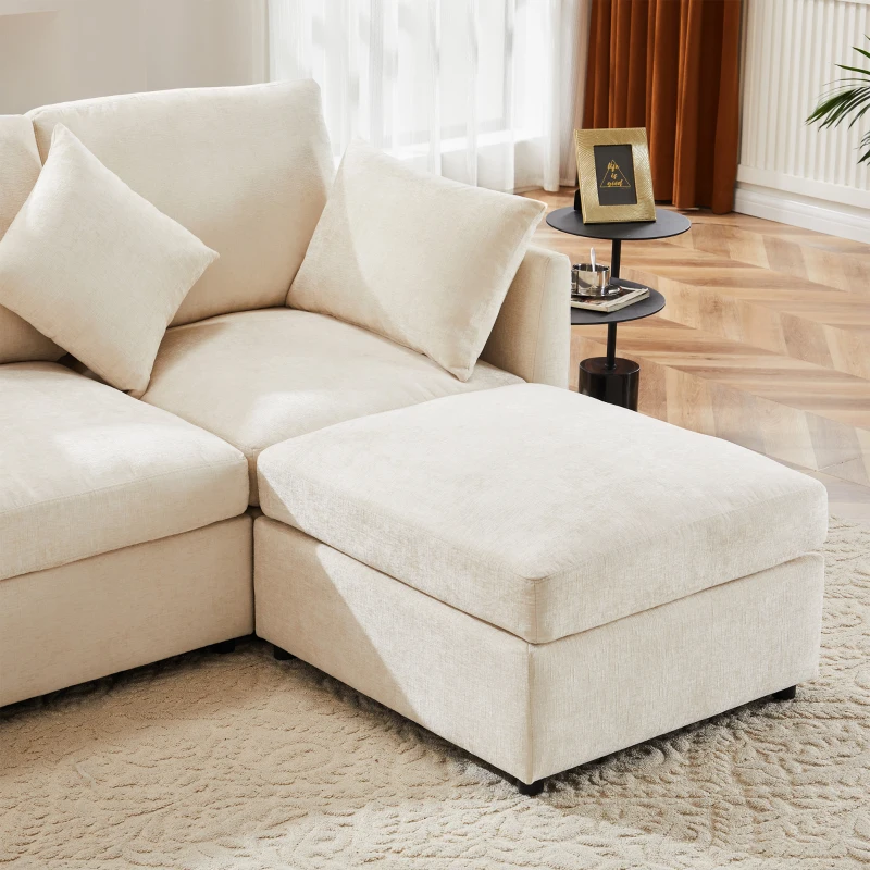 Canapé en tissu chenille moderne, canapé d'angle en L avec pouf et coussins décoratifs, 216x161x81 cm, Beige