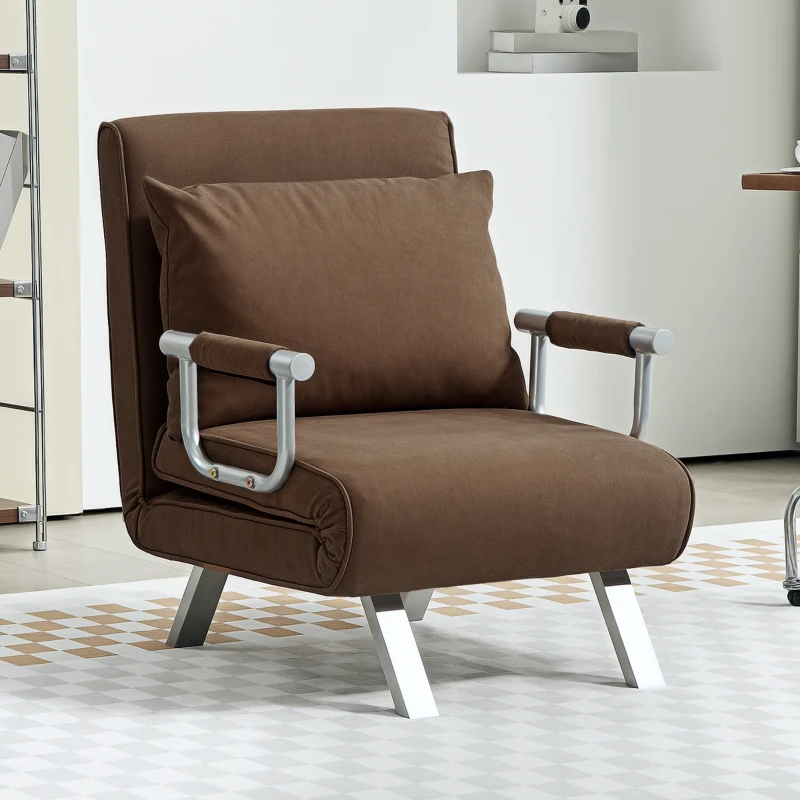 HOMCOM Fauteuil chauffeuse canapé-lit Convertible 1 Place déhoussable Grand Confort Coussin Pieds accoudoirs métal suède Marron