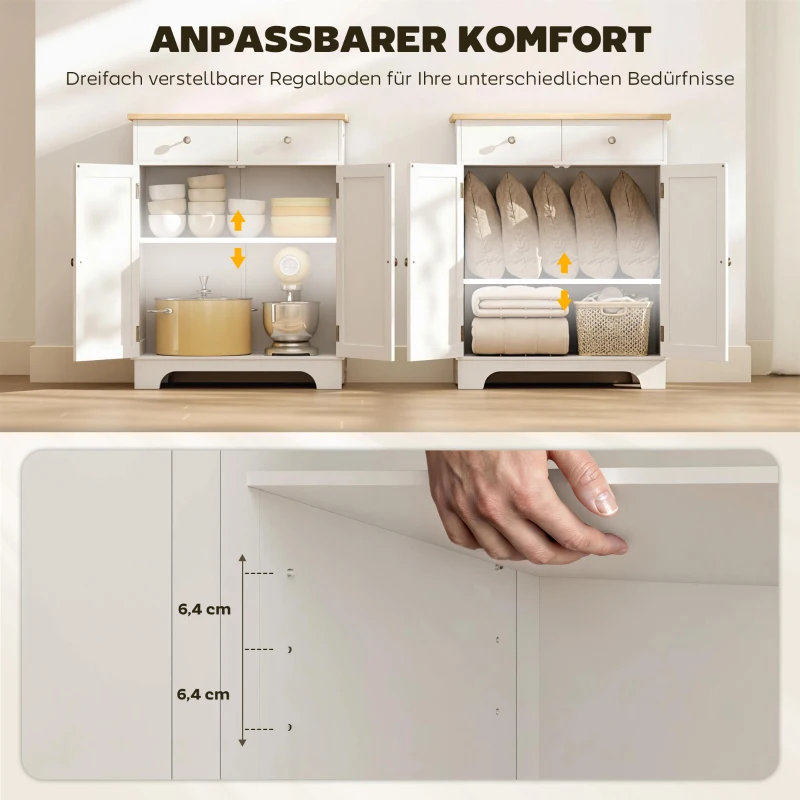 HOMCOM Sideboard, Tischplatte aus Kautschukholz, 2 Schubladen, versetzbarer Einlegeboden, weiß, 68 x 40,3 x 85cm