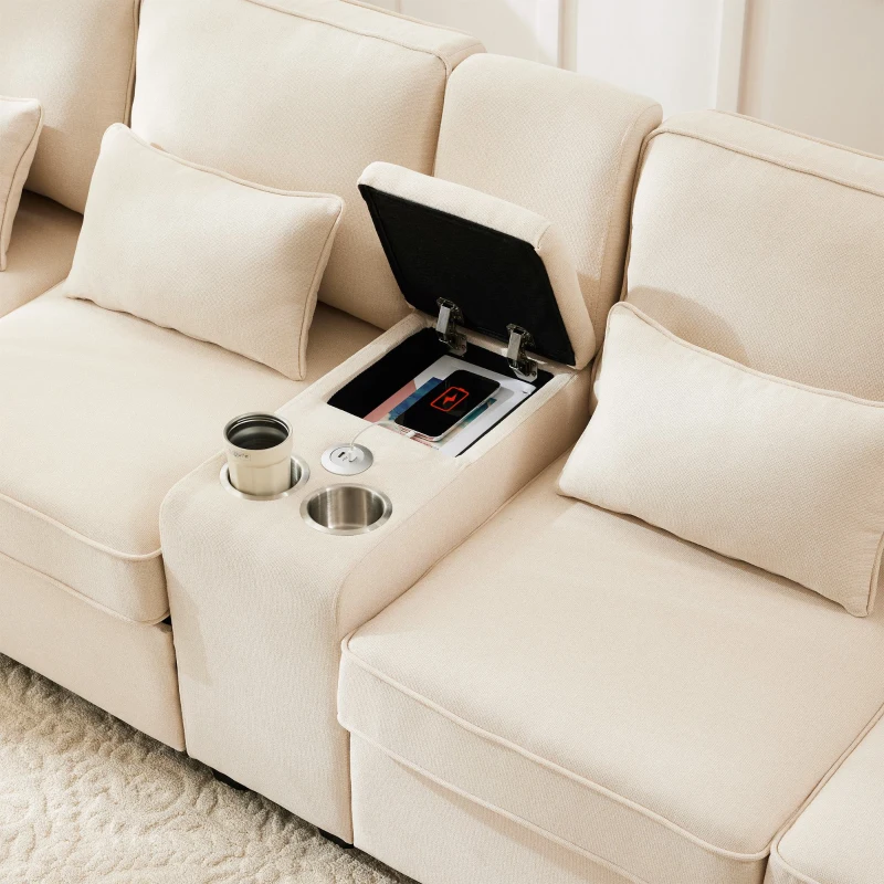 Canapé 4 places moderne en tissu de lin, avec console, 2 porte-gobelets, 2 ports USB, 290x83x88 cm, Beige