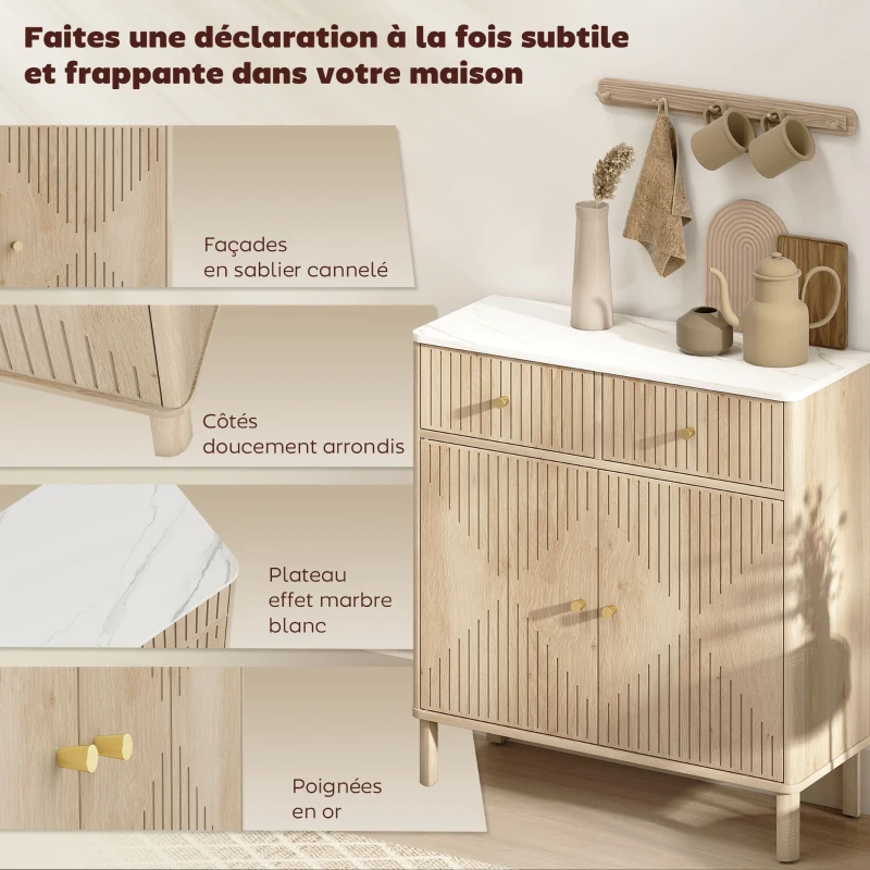 HOMCOM Buffet, meuble de rangement cannelé avec plateau effet marbre, 2 tiroirs, 2 portes, étagère réglable, 77x30x80cm, chêne(m-4)