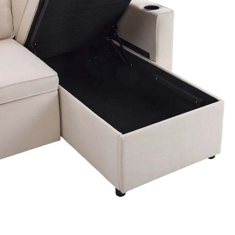 Canapé-lit avec fonction de couchage, canapé en L avec rangement et porte-gobelets, 211x130x86 cm, Beige