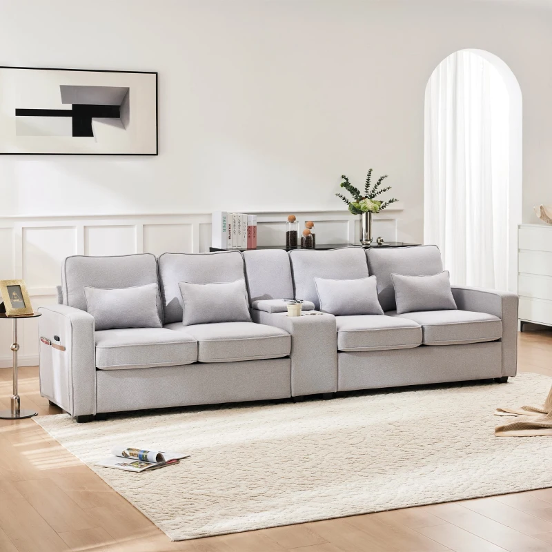 Canapé 4 places moderne en tissu de lin, avec console, 2 porte-gobelets, 2 ports USB, 290x83x88 cm, Gris
