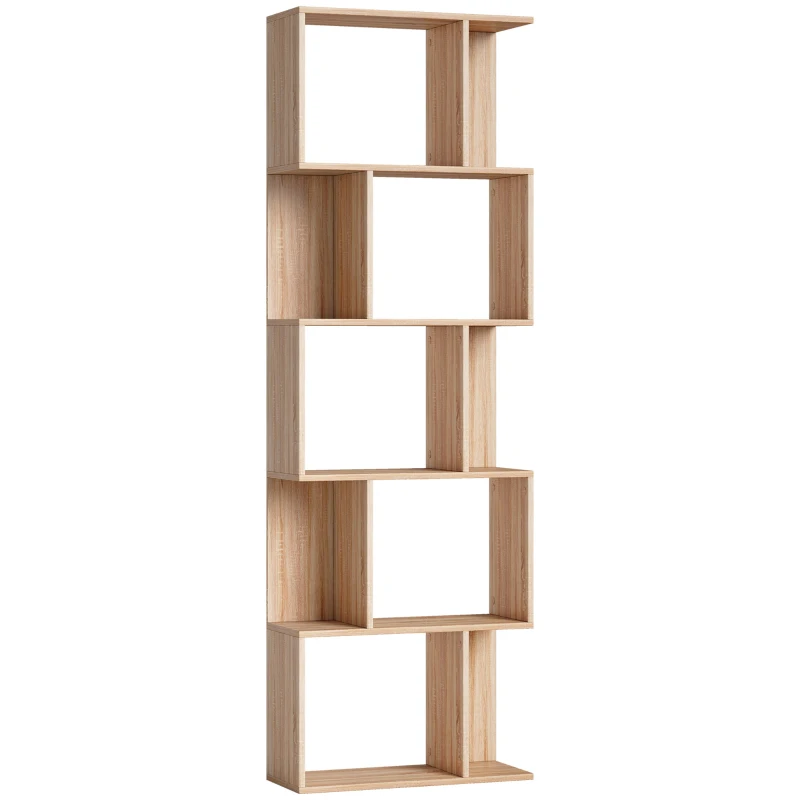 HOMCOM Bibliothèque à 5 niveaux, meuble de rangement en forme de S avec étagères, 60 x 24 x 184,5 cm, effet bois naturel