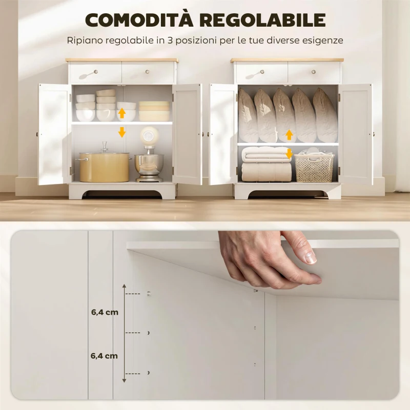 HOMCOM Credenza Bassa con Armadietto 2 Ante, Ripiani Regolabili e 2 Cassetti, Bianco e Legno