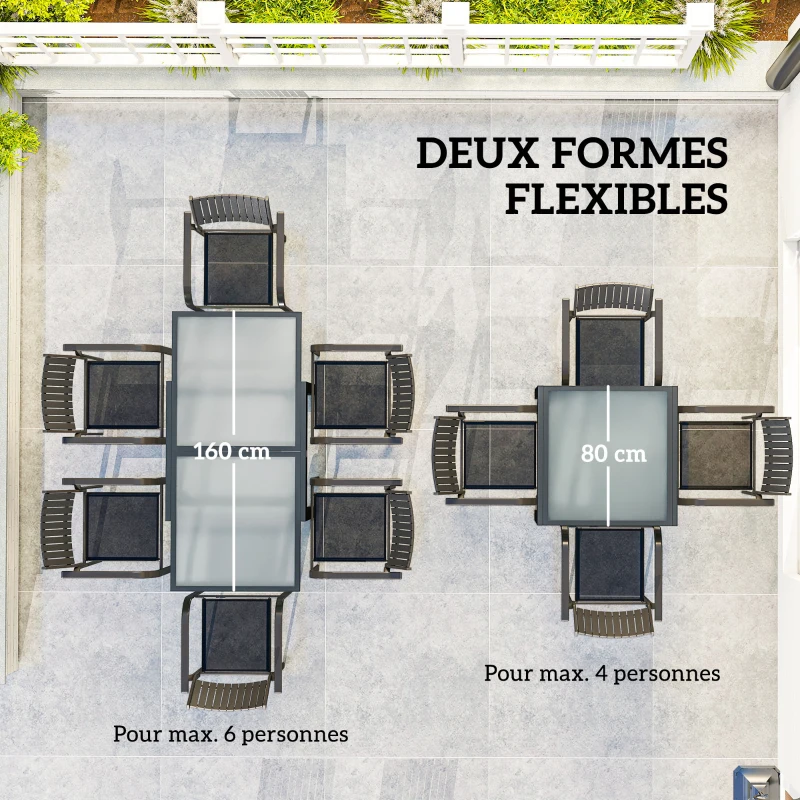 Outsunny Table Extensible de Jardin Grande Taille dim. dépliées 160 x 80 x 75 cm Aluminium Plateau Verre trempé transparent
