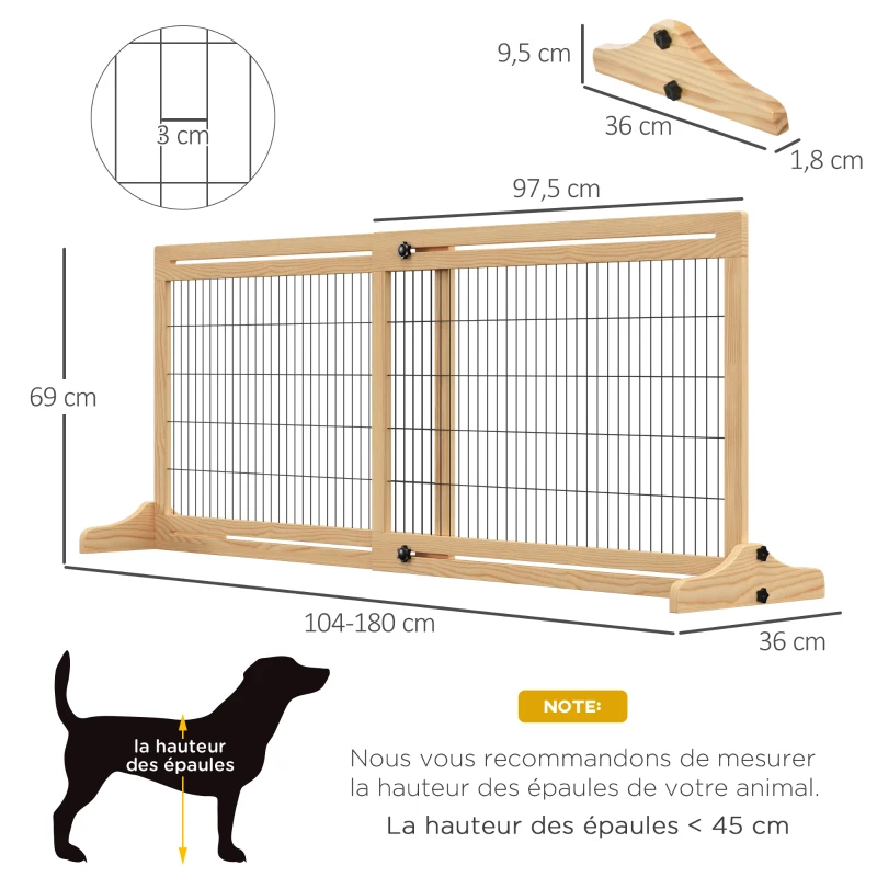 PawHut Barrière de sécurité pour chien extensible longueur réglable 104-180 x 36 x 69 cm pin bois naturel