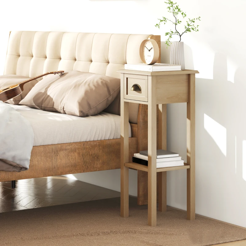 HOMCOM Mesa Auxiliar Rústica Mesa Auxiliar para Sofá con Cajón y Estante para Salón Dormitorio 30x30x75 cm Madera Natural