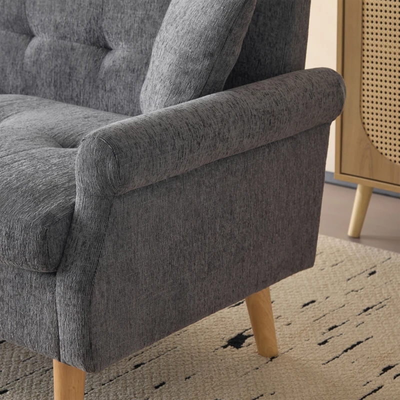 Canapé 2 places moderne en tissu chenille avec coussins épais, pieds robustes en bois massif, 162x74x77 cm, Gris