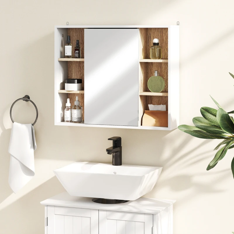 HOMCOM Armario Espejo con Espacio Interno con Estantes Ajustables Armario de Baño Montado en la Pared con Estantes Abiertos 60x14,5x49,4 cm Blanco y Roble