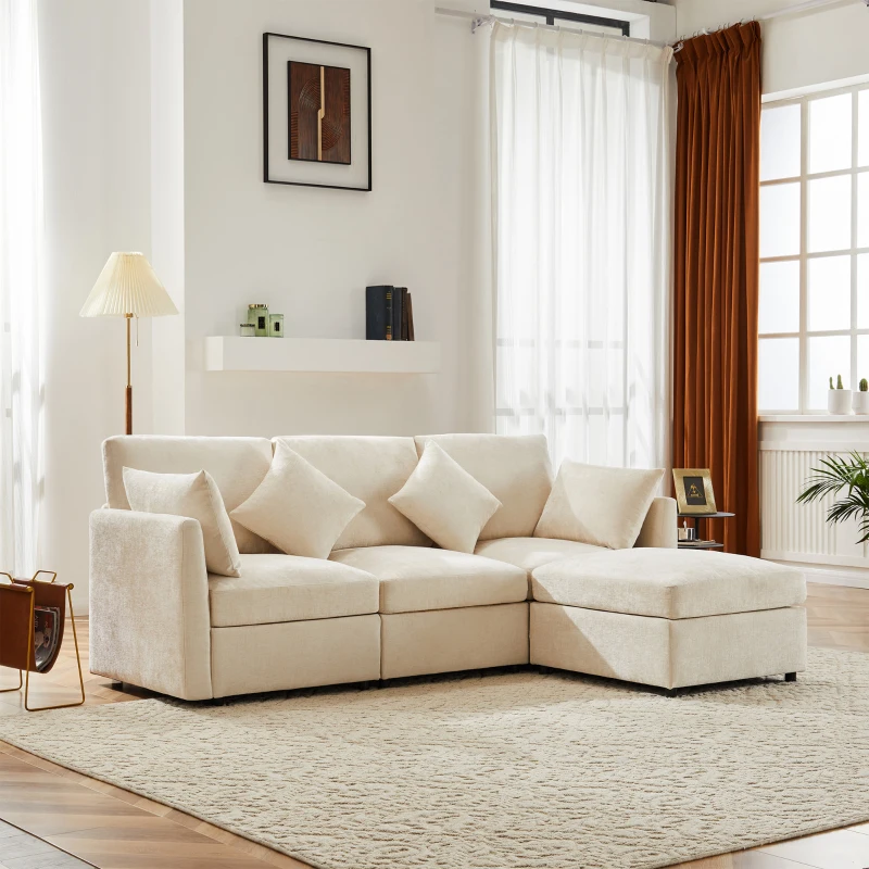 Canapé en tissu chenille moderne, canapé d'angle en L avec pouf et coussins décoratifs, 216x161x81 cm, Beige