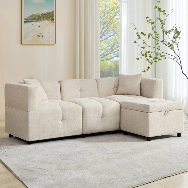 Canapé d'angle 3 places avec rangement, design en L avec pouf amovible et 2 coussins, 204x126x69 cm, Beige