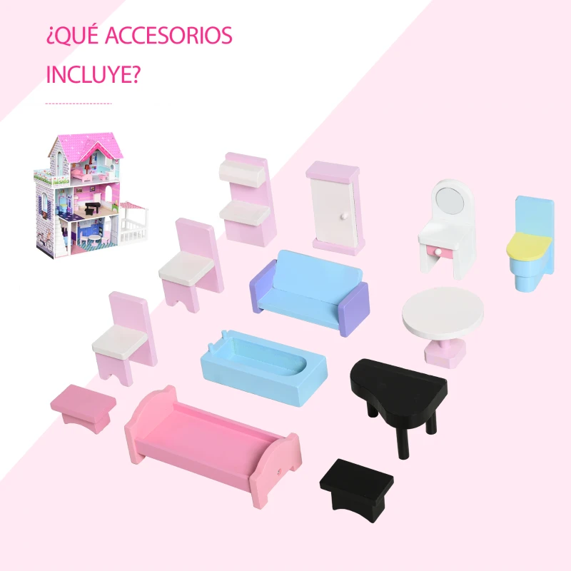 HOMCOM Casa de Muñecas de Madera de 3 Pisos con Patio 86x30x87 cm Muebles Accesorios de 13 Piezas Diseño Lindo Casita Muñecas de Juguete Madera Rosa