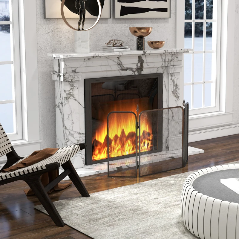 HOMCOM Pare feu cheminée pliable 3 panneaux, pare-étincelles cheminée, grille de protection cheminée en maille de métal noir