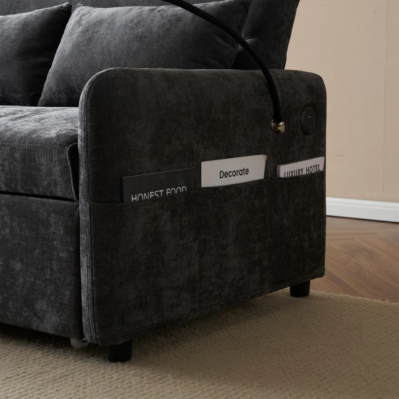 Canapé-lit double pliant moderne, avec dossier réglable, support pour smartphone et port USB de recharge, 129x76x81 cm, Gris