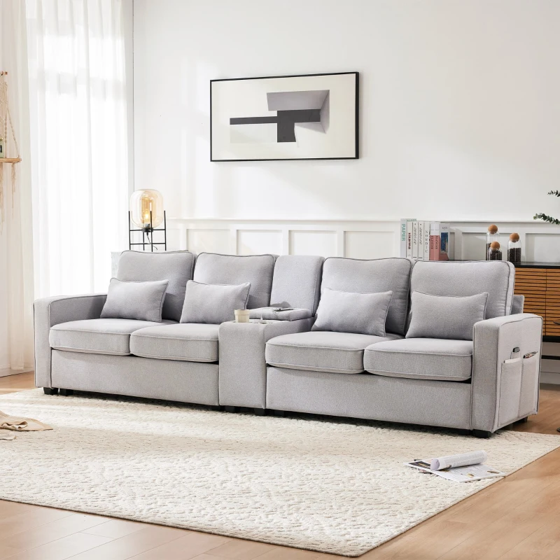Canapé 4 places moderne en tissu de lin, avec console, 2 porte-gobelets, 2 ports USB, 290x83x88 cm, Gris