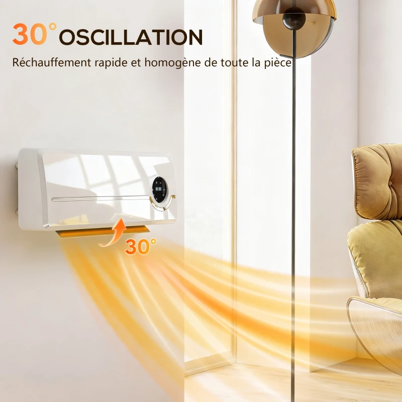 HOMCOM Chauffage mural en céramique 1000/2000W, radiateur électrique, ventilateur, thermostat, minuterie, 50x18,6x12,9cm, blanc