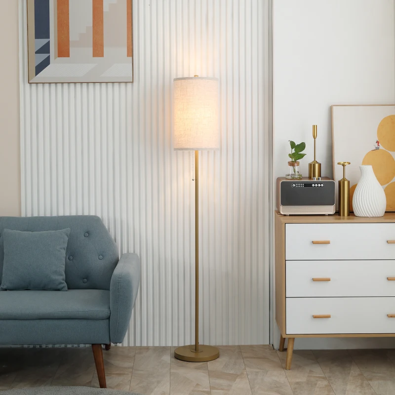 HOMCOM Staande Lamp, Elegante Staande Lamp van Staal met Stoffen Kap, Woonkamerlamp, Trekschakelaar, Goud+Wit